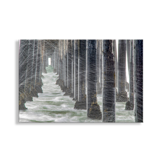 Framed artwork of a snowy forest scene with tall trees. Oceanside Pier Black & White Photograph at San Diego California