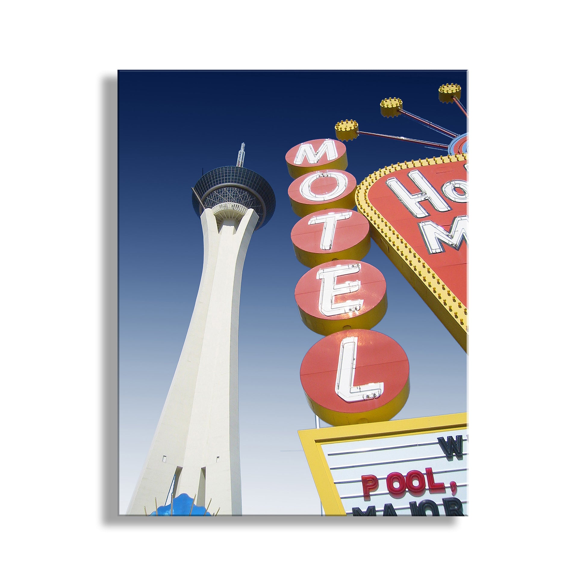 Motel sign with Stratosphere tower in the background. My great Las Vegas art photography: a memory of old Vegas with the newer Stratosphere jutting up!&nbsp; Original, unique signed art by Murray Bolesta.
