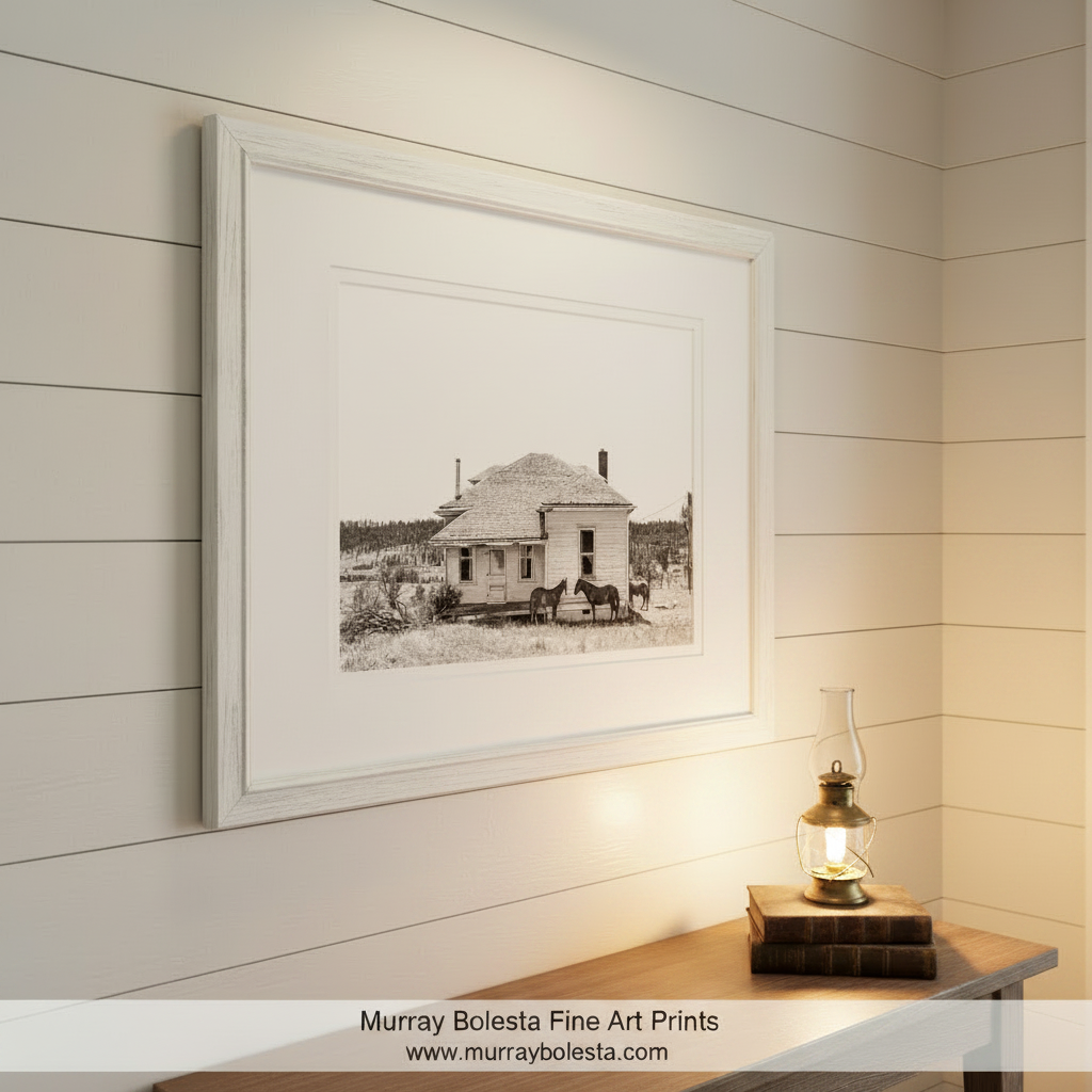 Black and white photo of a house with horses in front. Surreal Black and White Art of Vintage Horse Farm in Eastern Oregon by Murray Bolesta