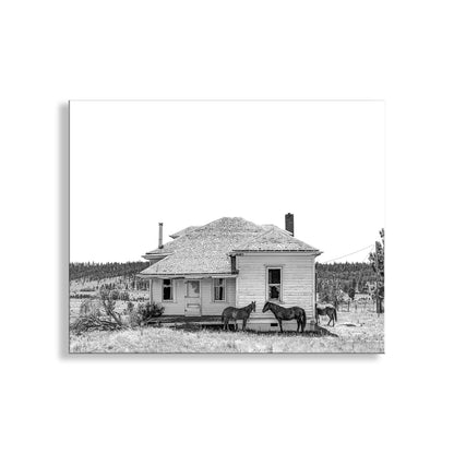 Black and white photo of a house with horses in front. Surreal Black and White Art of Vintage Horse Farm in Eastern Oregon