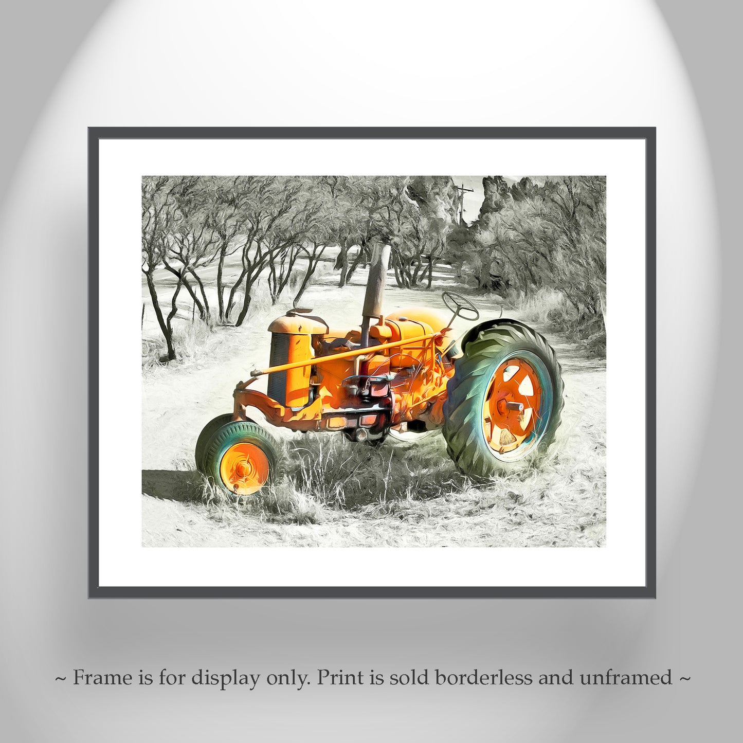 Framed print of an orange tractor in a snowy landscape. Old Tractor Art Print as Rustic Farmhouse Style Wall Decor | Tubac Nogales AZ