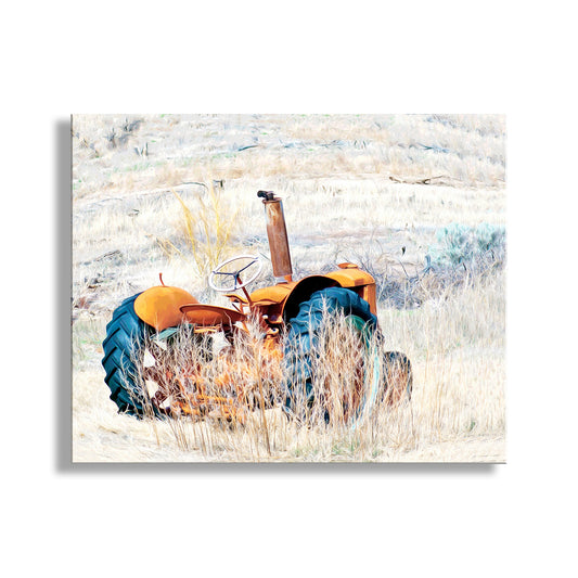 Vintage tractor in a field with a textured white background. Farm Tractor Art Print as Rustic Wall Decor for Home or Office | Nogales Arizona