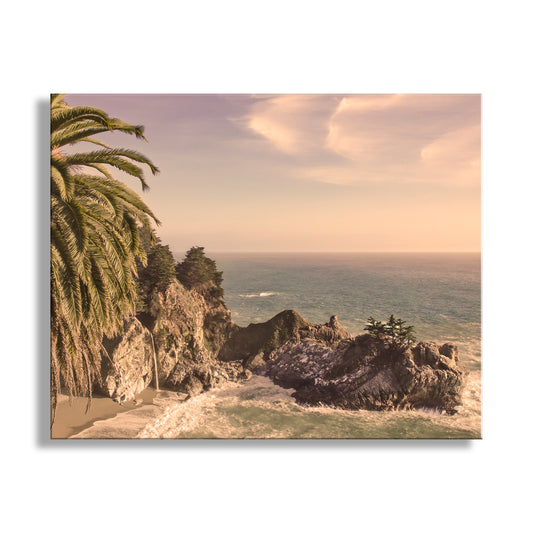 Big Sur Fine Art Print at McWay Falls with Palm Tree in Vintage Sepia Tone