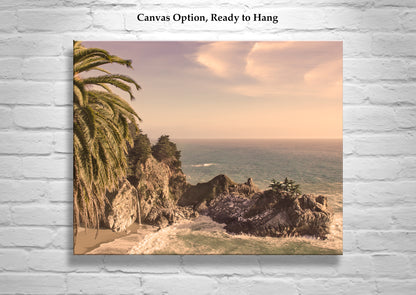 Big Sur Fine Art Print at McWay Falls with Palm Tree in Vintage Sepia Tone
