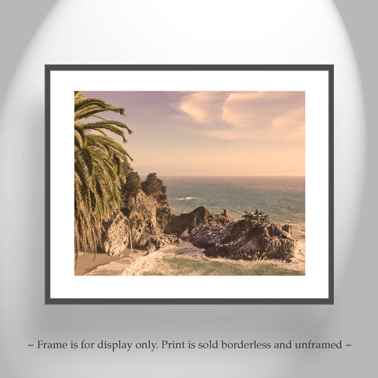 Big Sur Fine Art Print at McWay Falls with Palm Tree in Vintage Sepia Tone