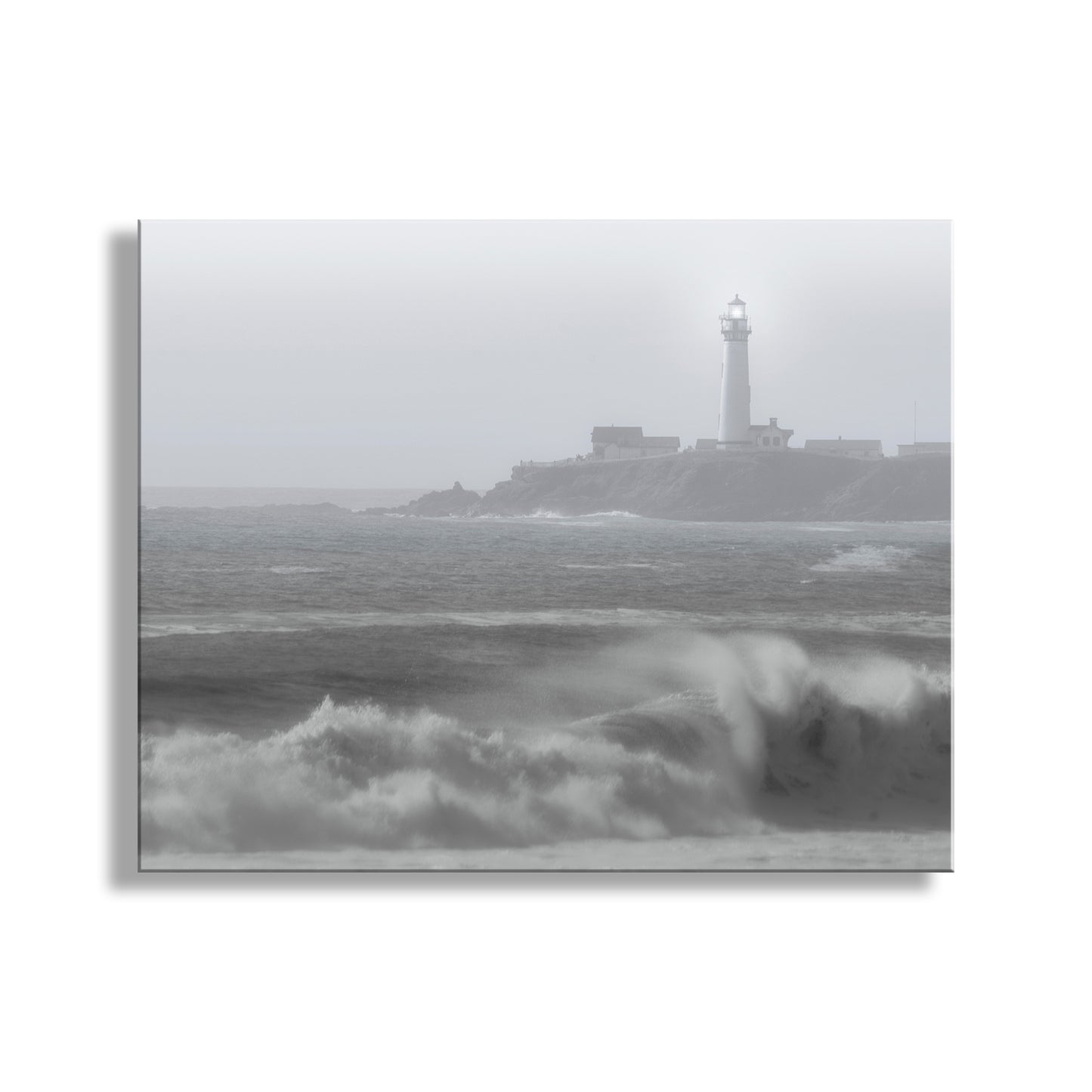 My cool California USA lighthouse art: foggy Pigeon Point on the Pacific Coast Highway! Original, unique signed art by Murray Bolesta.