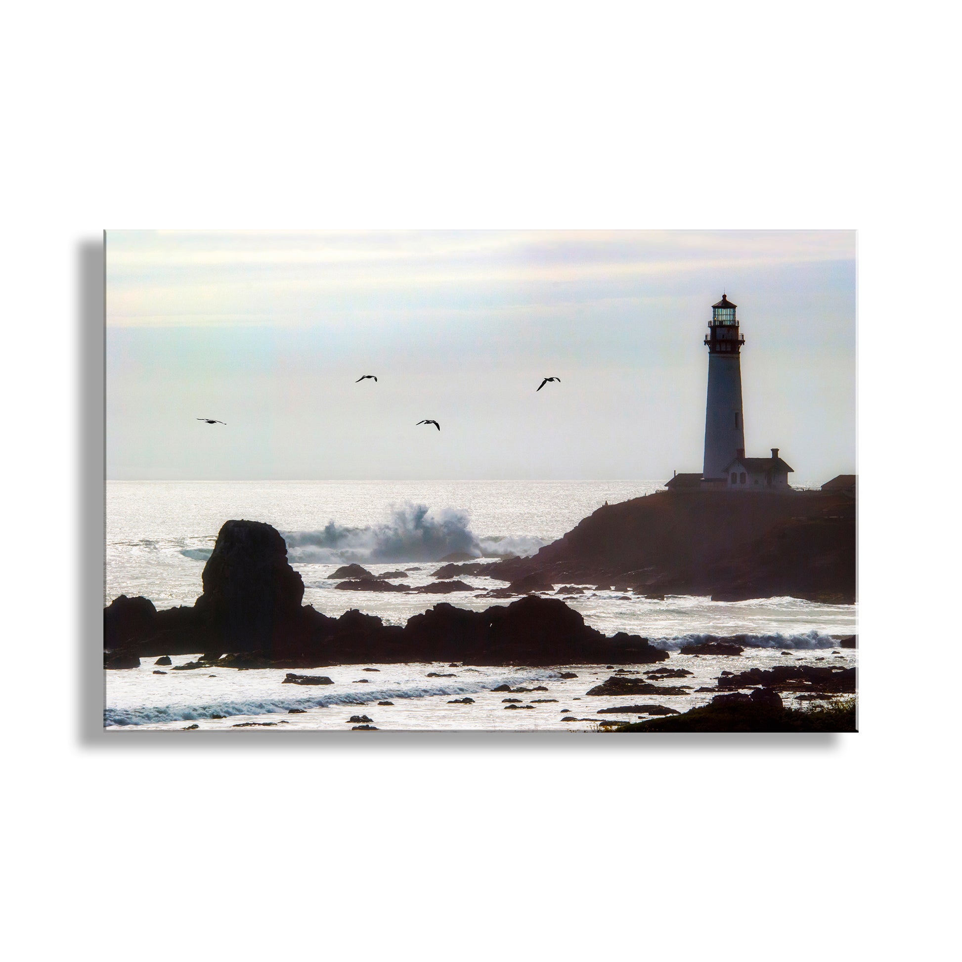 Lighthouse on a rocky coastline with birds flying in the sky. Beautiful California coast! My splendid California USA lighthouse art on a big wave day: Pigeon Point at Pacific Coast Highway. Original, unique signed art by Murray Bolesta.