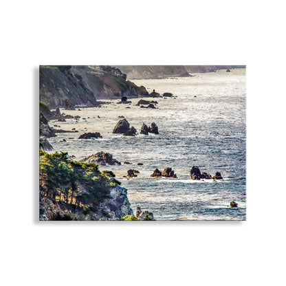 Coastal scene with rocky cliffs and ocean waves on a white background. Big Sur California Coast Ocean Photography on Framed Canvas