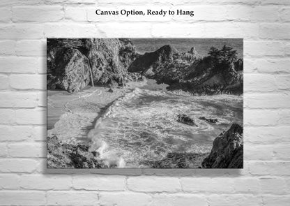 Black and White Big Sur California Beach Photograph at McWay Falls
