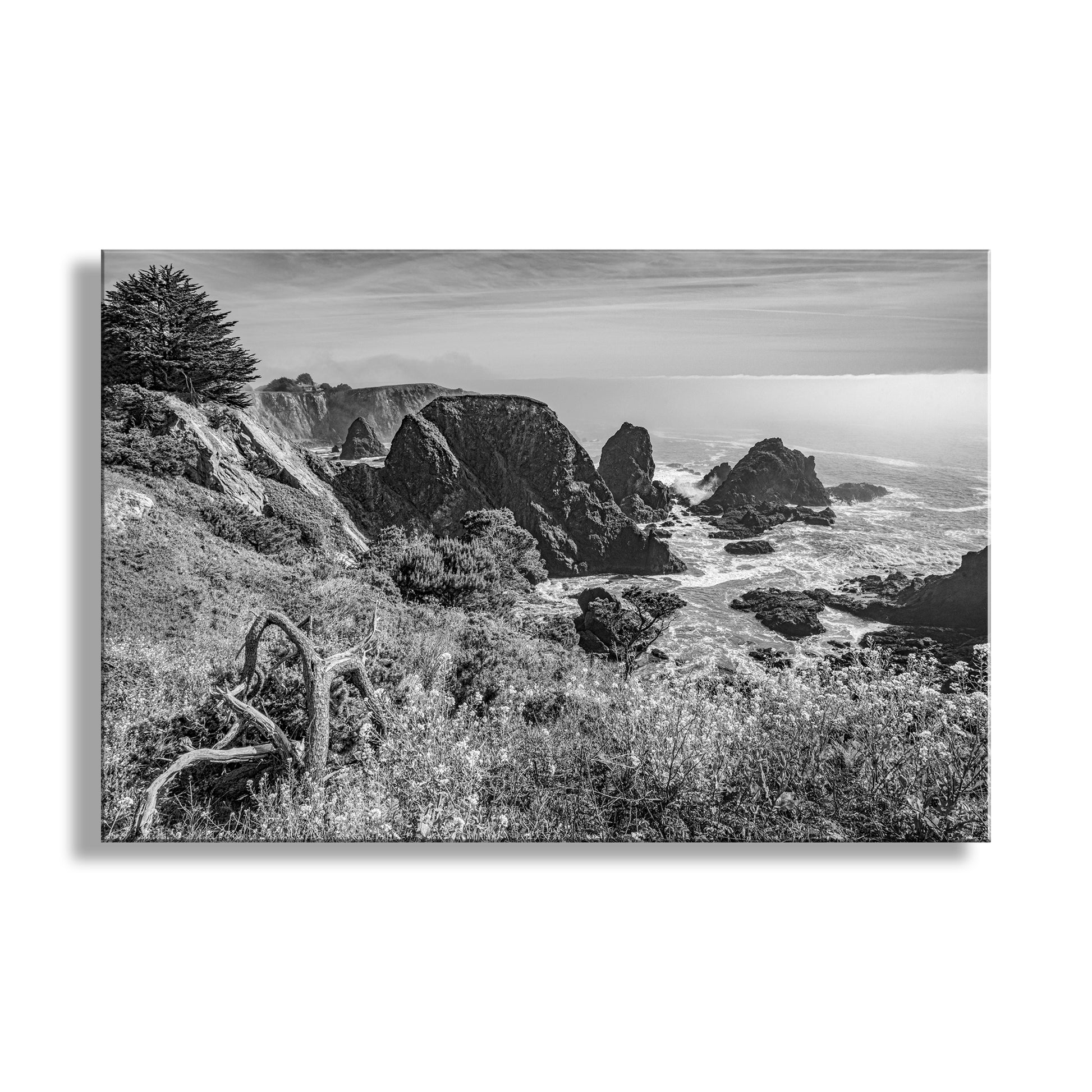 Black and white landscape of a coastal scene with rocks and ocean. Sea Ranch Mendocino Pacific Coast Highway Art in Black & White