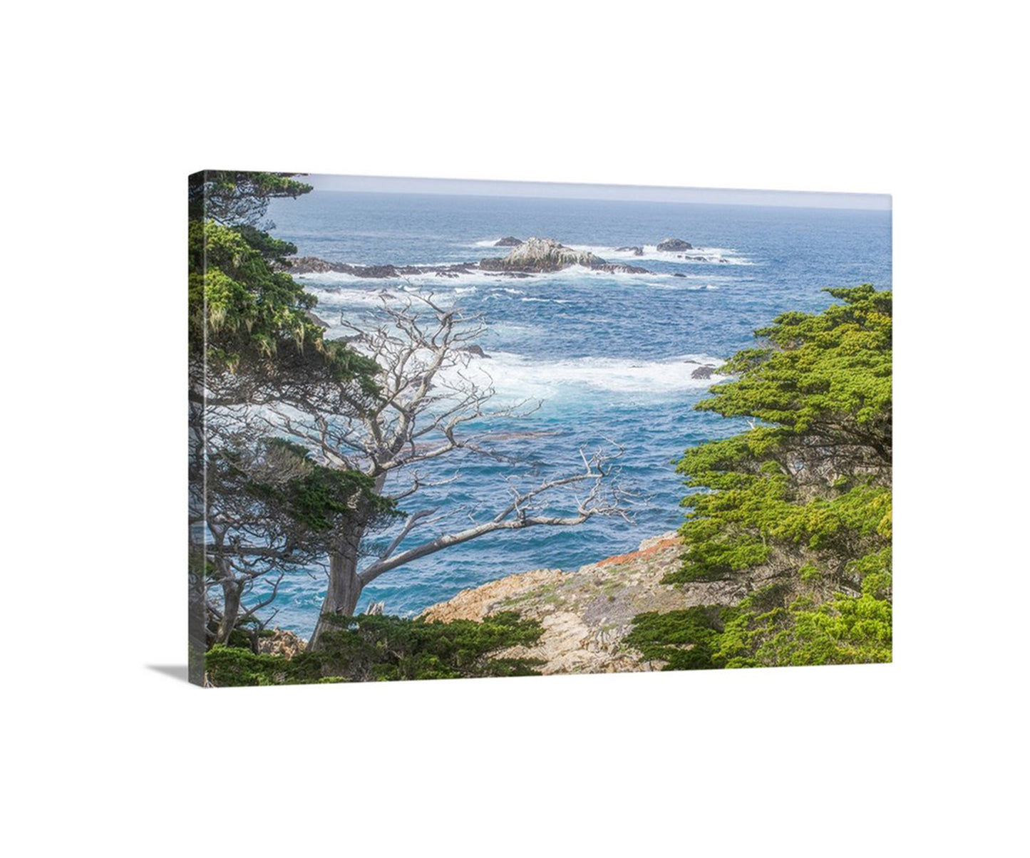 Canvas print of a coastal scene with trees and ocean waves. My marvelous Monterey Peninsula art print with Point Lobos State Natural Reserve: coastal evergreens frame a restless sea on the Big Sur coastline of northern California, USA. This is elemental, preserved wild nature at its most artful!&nbsp; Original, unique signed art by Murray Bolesta.
