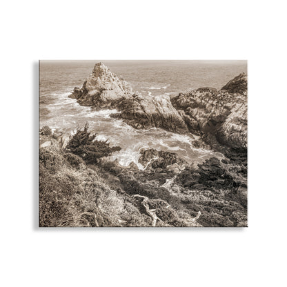 Sepia-toned coastal landscape with rocky outcrops and waves. Point Lobos California | Pacific Ocean Photography in Sepia Tone