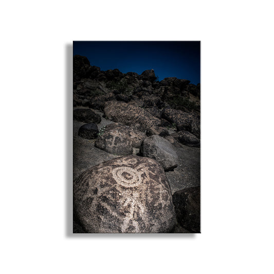 Rock with petroglyphs on a rocky surface at night. Desert Petroglyphs Photo Print with Hohokam Native American Rock Art