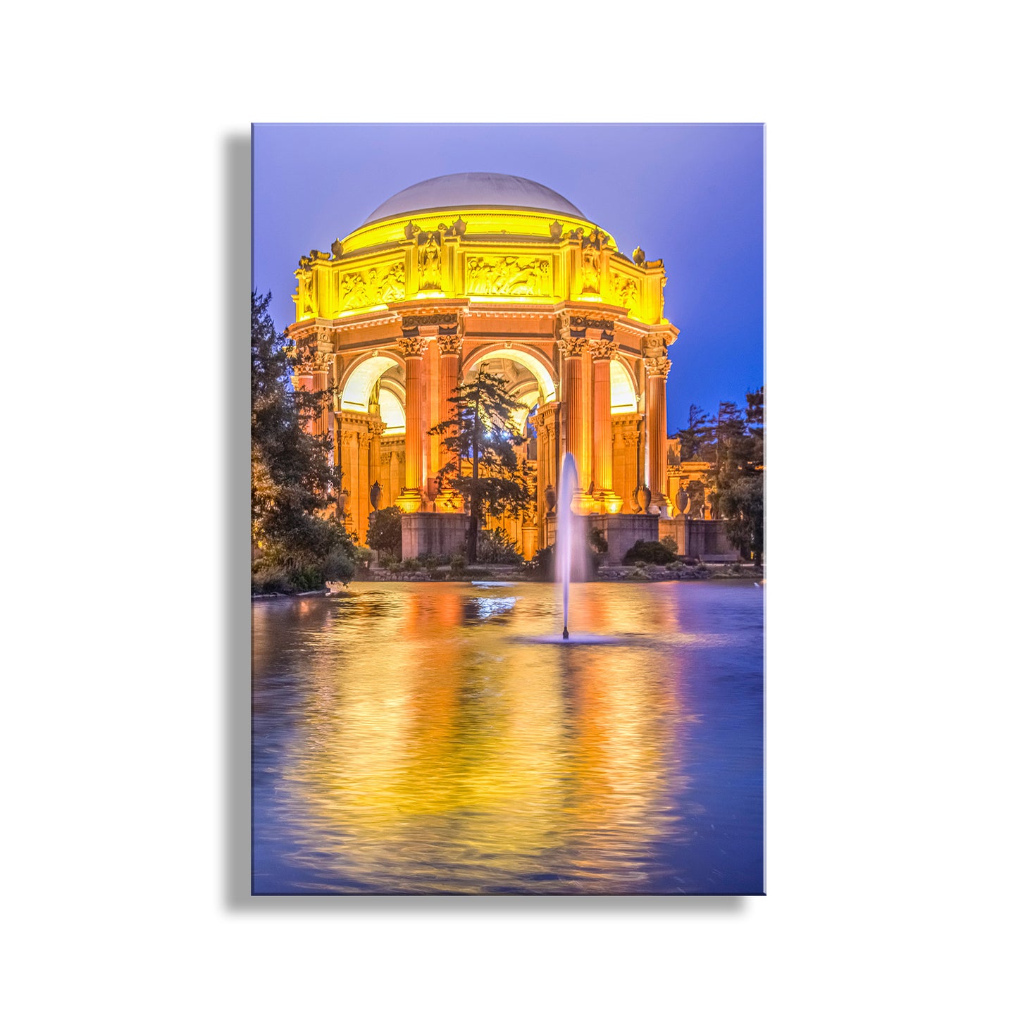 Ornate building illuminated at night with a fountain in front, reflected in water. Beautiful Presidio Park! For your walls, my magnificent picture of the Palace of Fine Arts at dusk, San Francisco California. Original, unique signed art by Murray Bolesta.