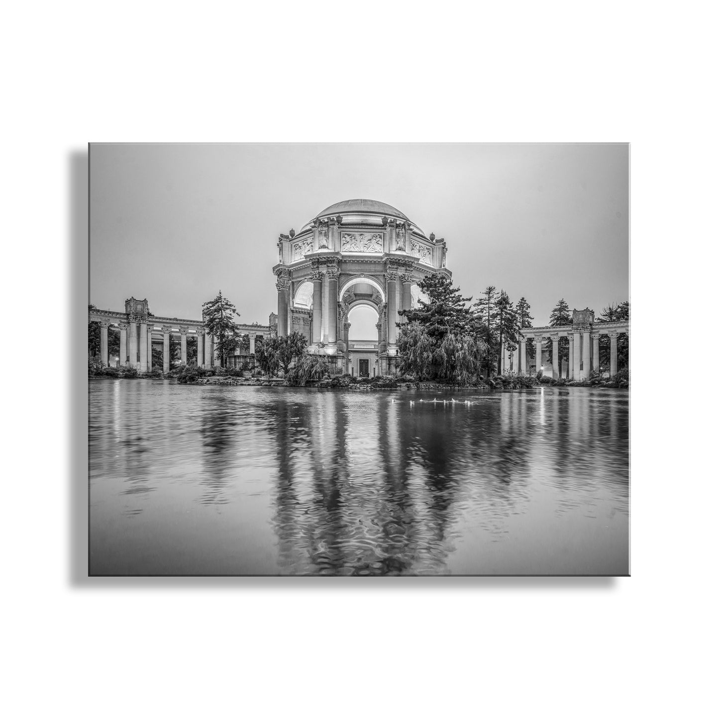 Black and white image of a classical building reflected in water./Beautiful Presidio park. For your wall decoration, my beautiful black &amp; white picture of Palace of Fine Arts at dusk, San Francisco California! Original, unique signed art by Murray Bolesta.