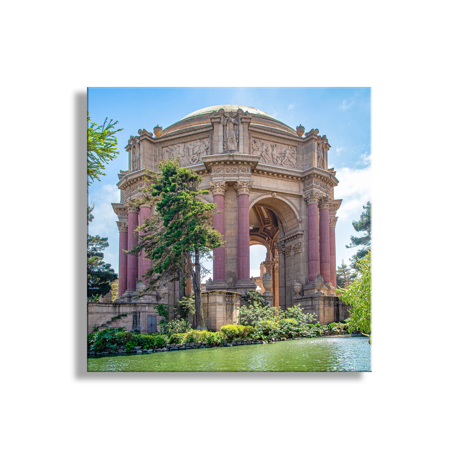 Stylized image of a pink architectural structure with trees and water in the foreground. Beautiful Presidio Park! For your walls, my magnificent picture of the Palace of Fine Arts, San Francisco California. Original, unique signed art by Murray Bole
