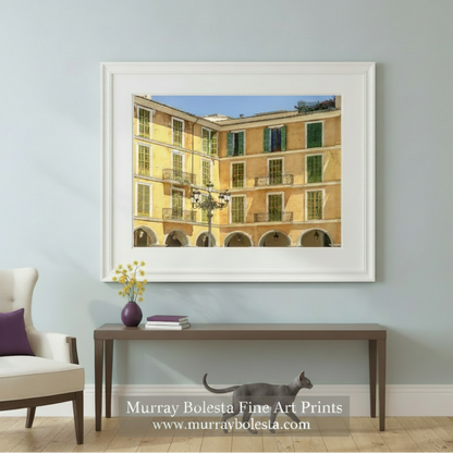 Yellow building with green shutters and a street lamp in the foreground. Palma de Mallorca Architecture Art Photography Print as Spain Travel Wall Decor by Murray Bolesta