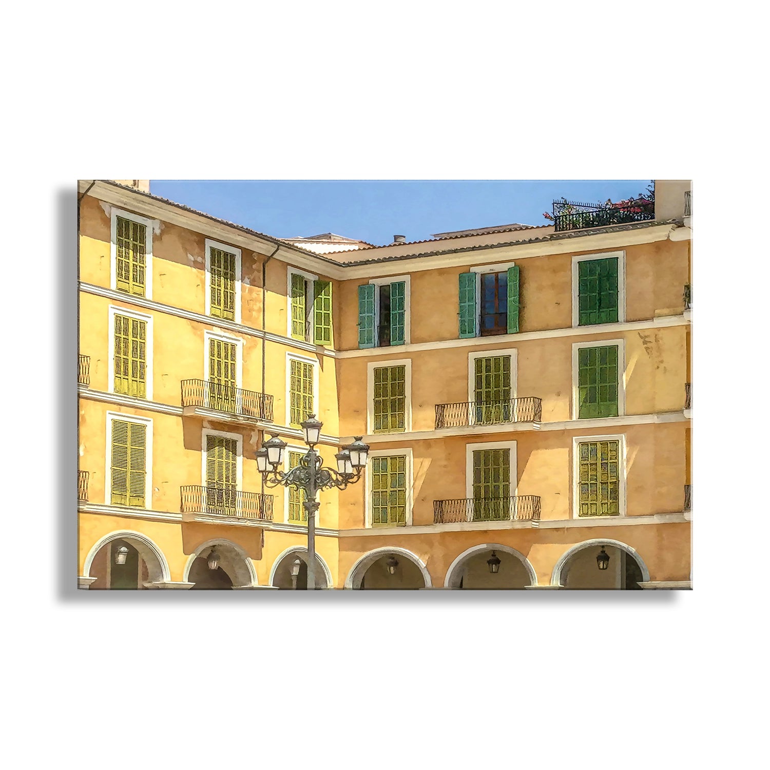 Yellow building with green shutters and a street lamp in the foreground. Palma de Mallorca Architecture Art Photography Print as Spain Travel Wall Decor