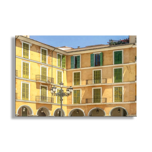 Yellow building with green shutters and a street lamp in the foreground. Palma de Mallorca Architecture Art Photography Print as Spain Travel Wall Decor