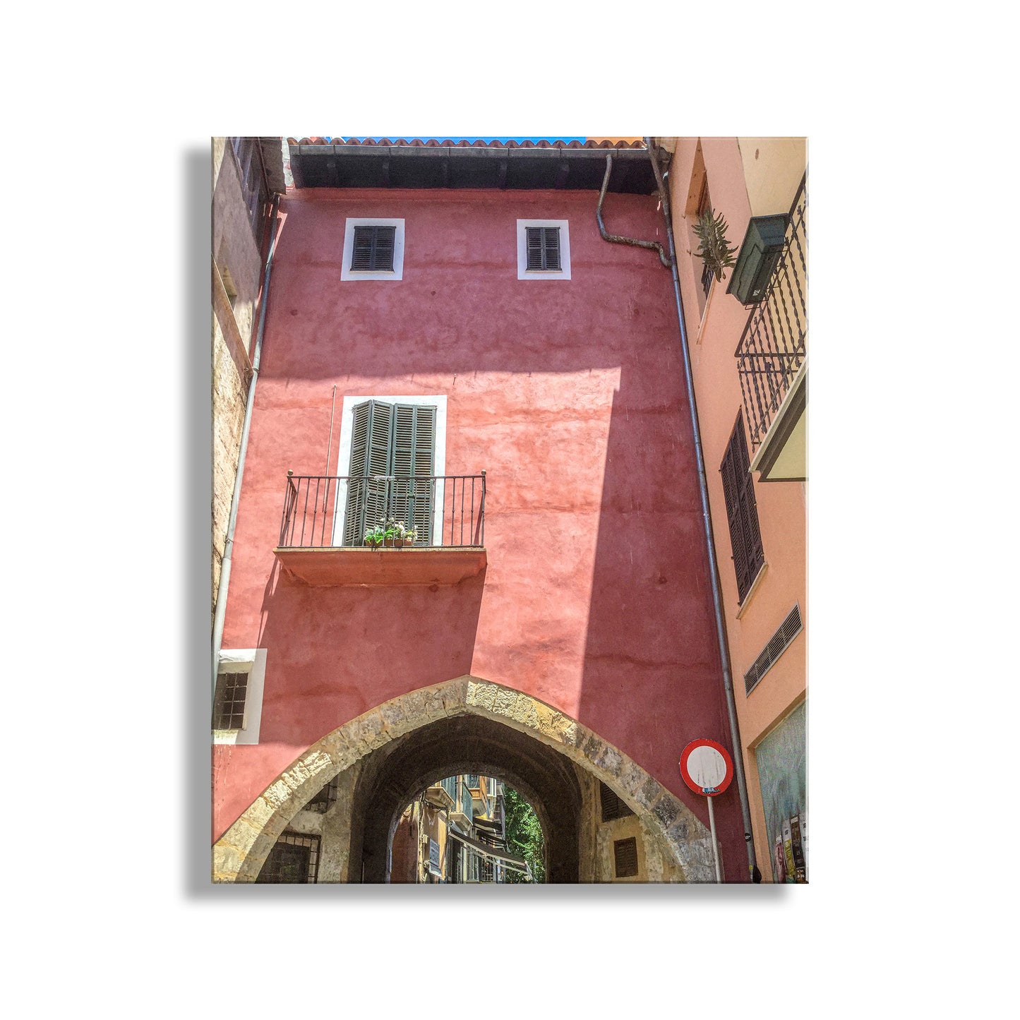 Colorful building facade with an archway in a narrow street. Palma Mallorca Spain Street Photography Art Print as Architecture Travel Photo