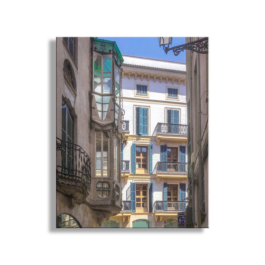  narrow street with buildings and blue shutters. Palma Wall Art as Majorca Spain Travel Photography with Blue Shutters on Street