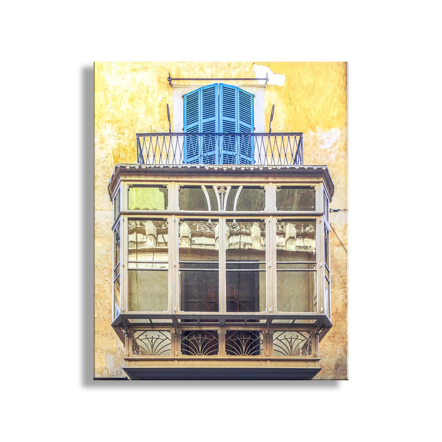 Decorative wall art of a balcony with blue shutters on a yellow background. Palma de Mallorca Spain Architecture Art Print