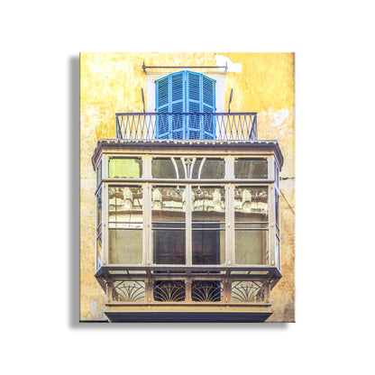Decorative wall art of a balcony with blue shutters on a yellow background. Palma de Mallorca Spain Architecture Art Print