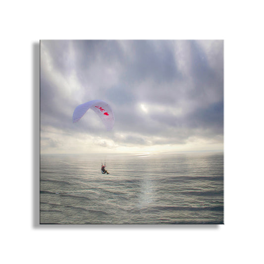 Paraglider over the ocean with a cloudy sky. Paragliding Art Print of San Diego Torrey Pines California Pacific Ocean Beach