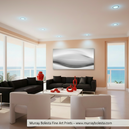 Metallic wall art with wavy design on a white background. Modern Art Print in Black and White on Framed Canvas as Minimalist Wall Decor by Murray Bolesta