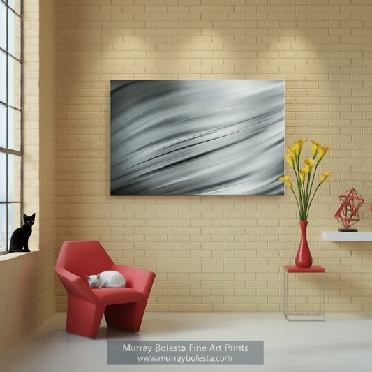 Abstract black and white design on a white background.Modern Art in Black & White on Framed Canvas in Fluid Style by Murray Bolesta