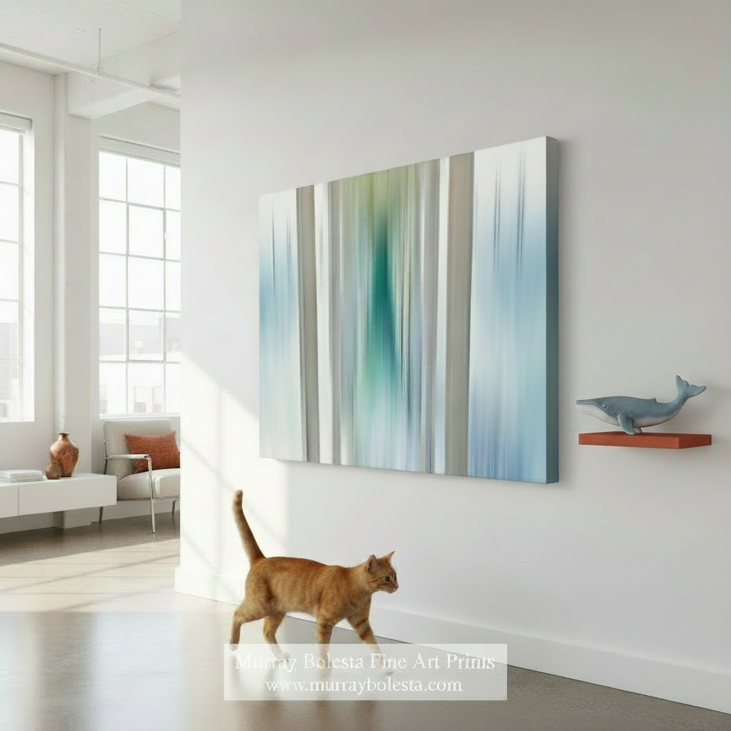 Abstract art with vertical stripes in green, blue, and beige on a white background. Under-Pier Surreal Print at Ocean Beach CA as Fine Art in Pale Blue by Murray Bolesta