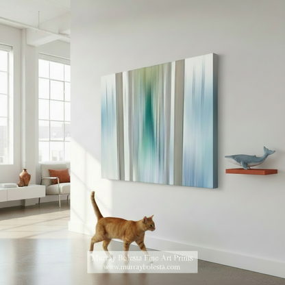 Abstract art with vertical stripes in green, blue, and beige on a white background. Under-Pier Surreal Print at Ocean Beach CA as Fine Art in Pale Blue by Murray Bolesta