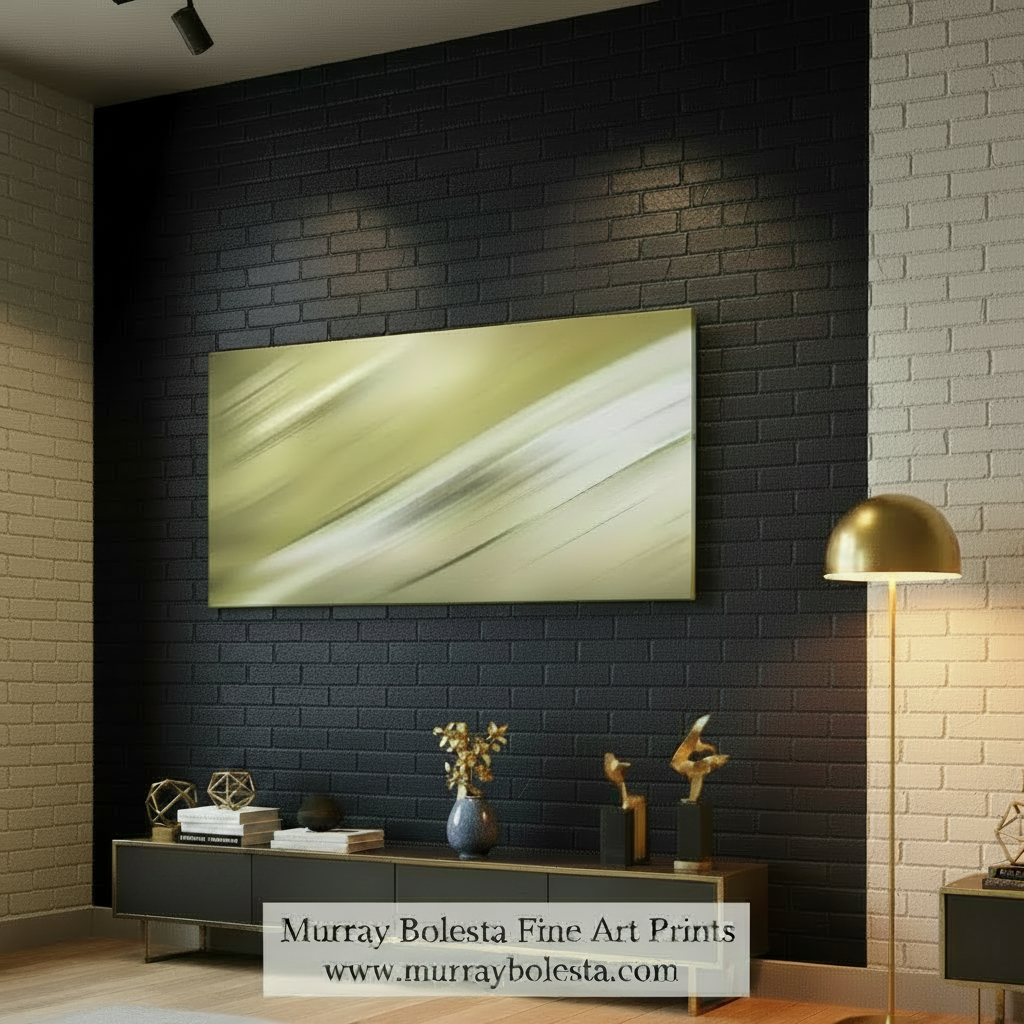 Abstract art piece with wavy lines in gold, ivory and white on a white background. Modern Abstract Art on Framed Panoramic Canvas Print in Ivory by Murray Bolesta