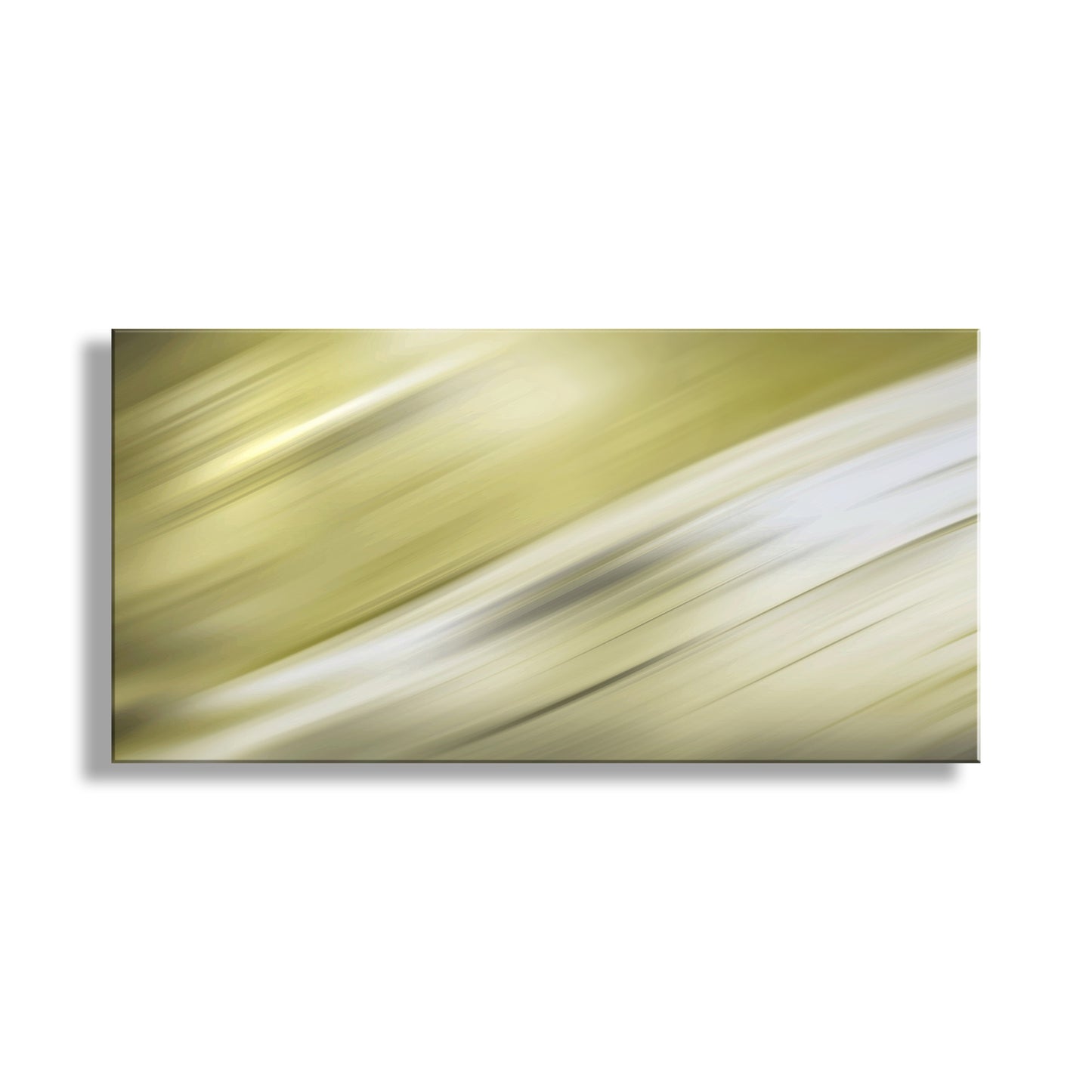 Abstract art piece with wavy lines in gold, ivory and white on a white background. Modern Abstract Art on Framed Panoramic Canvas Print in Ivory