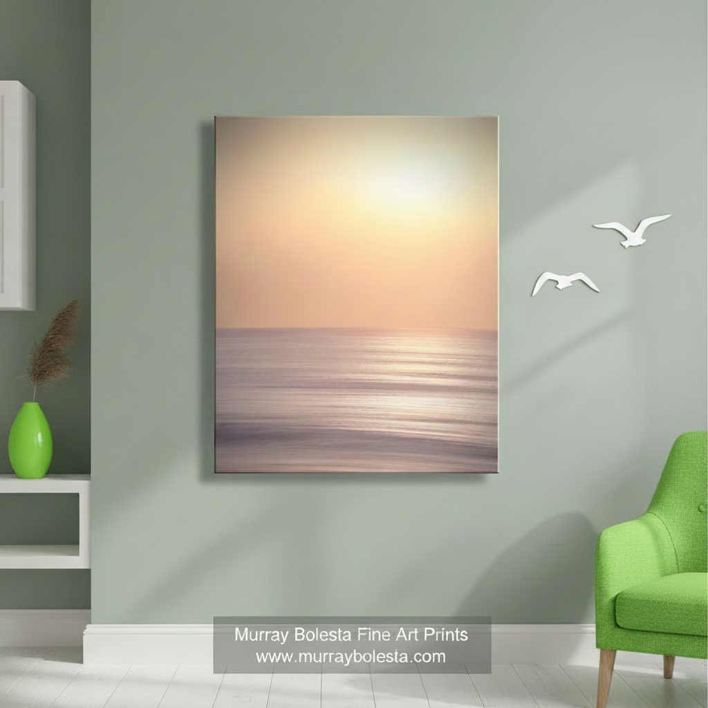 Abstract art piece with gradient colors on a white background. Abstract Ocean Art Print on Framed Canvas in Pale Yellow and Lilac by Murray Bolesta