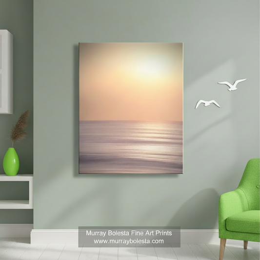 Abstract art piece with gradient colors on a white background. Abstract Ocean Art Print on Framed Canvas in Pale Yellow and Lilac by Murray Bolesta