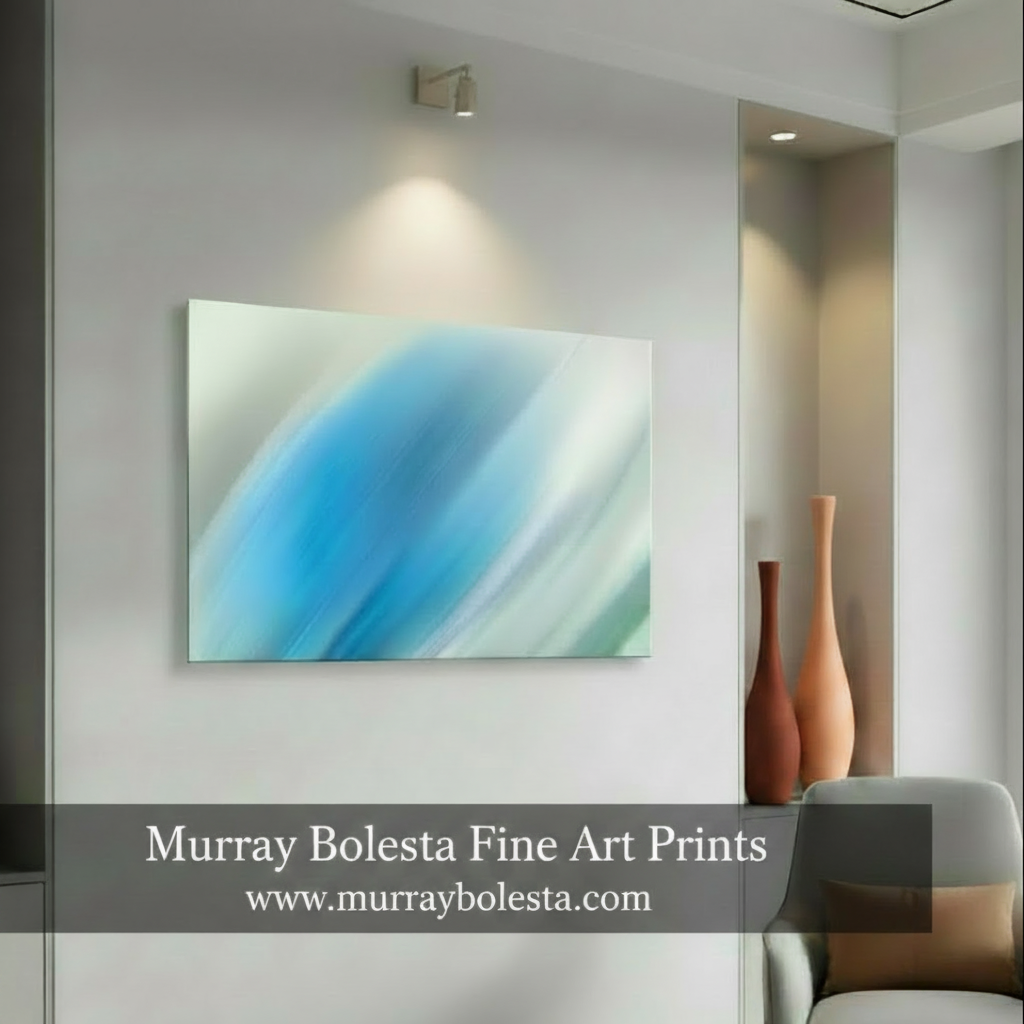 Abstract design with blue and green colors on a white background, Abstract Modern Art in Blue on Framed Canvas Print as Wall Decor by Murray Bolesta
