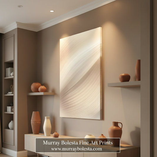 Metallic gold and silver gradient on a white background. Modern Abstract Art on Framed Canvas in Ivory as Vertical Wall Decor by Murray Bolesta