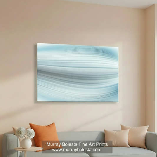 Abstract art piece with wavy blue and white patterns on a white background. Pale Blue Abstract Modern Art Print on Framed Canvas by Murray Bolesta