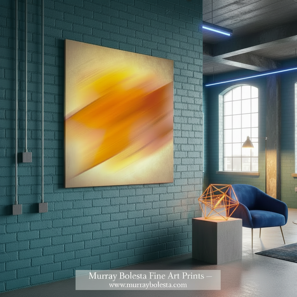 Abstract artwork with orange and yellow colors on a textured beige background. Abstract Modern Art on Framed Canvas by Murray Bolesta