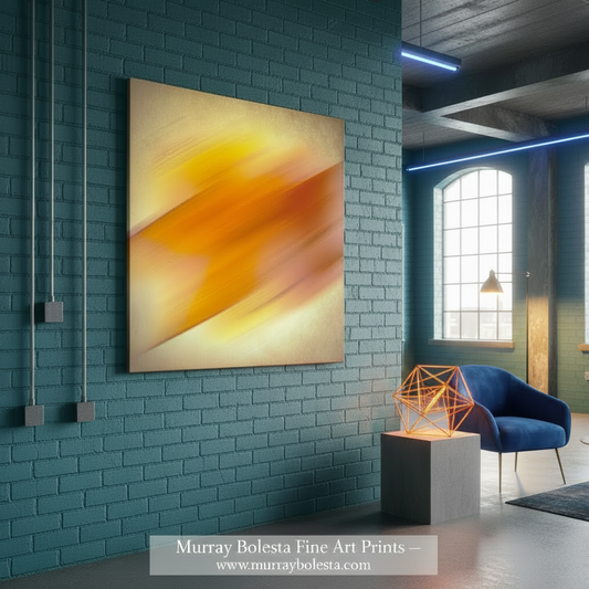 Abstract artwork with orange and yellow colors on a textured beige background. Abstract Modern Art on Framed Canvas by Murray Bolesta