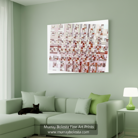 Abstract mosaic art piece with rectangular color blocks on a white background, Geometric Wall Decor on Framed Canvas in Abstract Red and White by Murray Bolesta