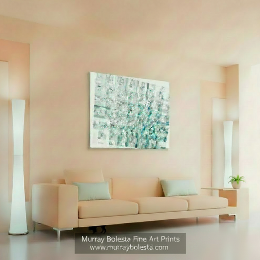 Abstract mosaic design with blue and gray colors on a white background. Abstract Geometric Art on Framed Canvas in Pastel Blue Lavender by Murray Bolesta