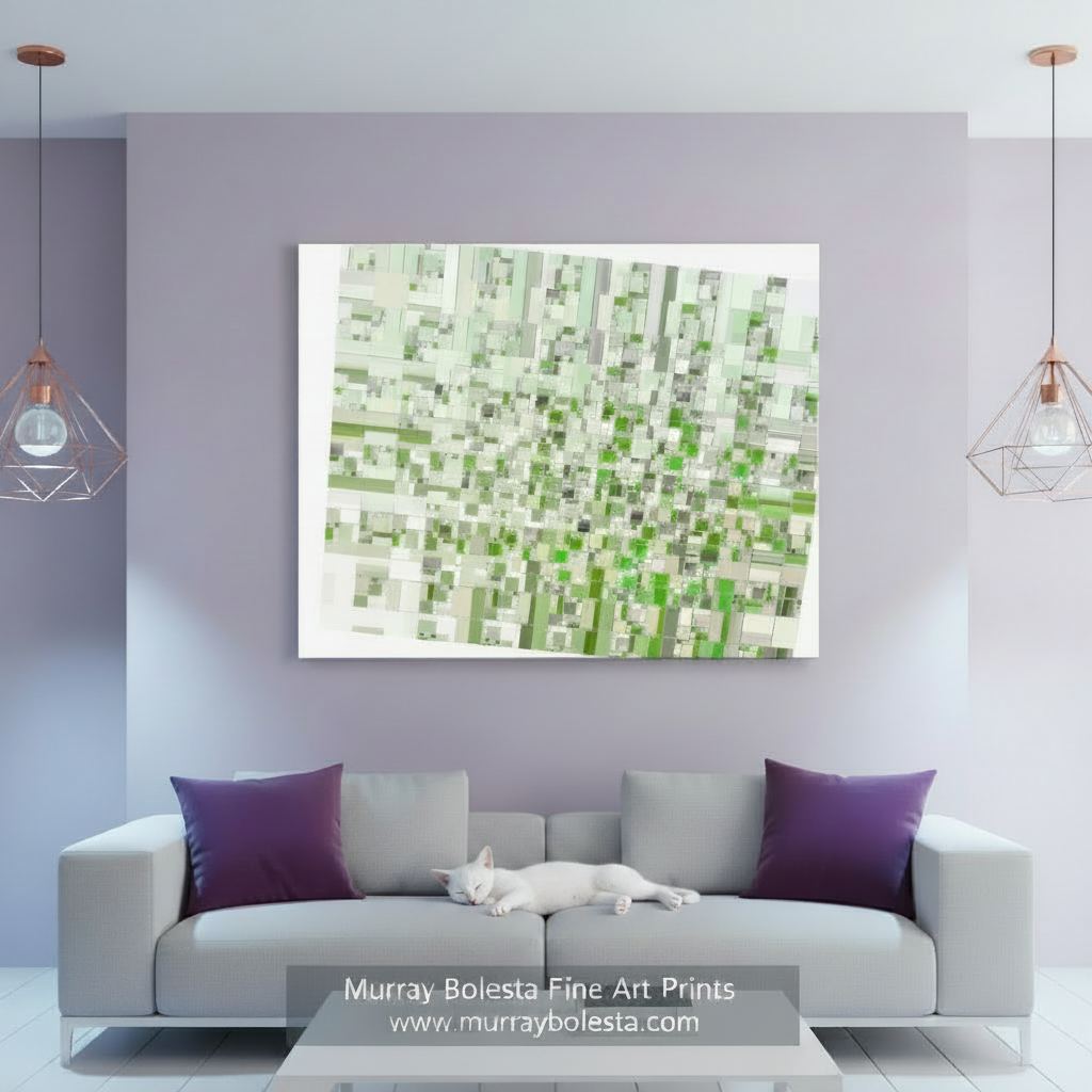 Abstract pattern of green and white squares on a white background. Abstract Wall Art Print on Framed Canvas in Pastel Green as Unique Wall Decor by Murray Bolesta