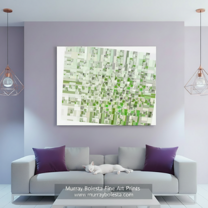 Abstract pattern of green and white squares on a white background. Abstract Wall Art Print on Framed Canvas in Pastel Green as Unique Wall Decor by Murray Bolesta