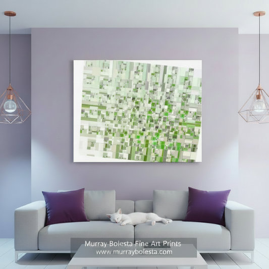 Abstract pattern of green and white squares on a white background. Abstract Wall Art Print on Framed Canvas in Pastel Green as Unique Wall Decor by Murray Bolesta