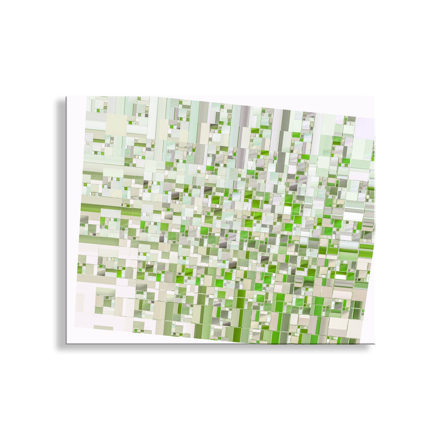 Abstract pattern of green and white squares on a white background. Abstract Wall Art Print on Framed Canvas in Pastel Green as Unique Wall Decor