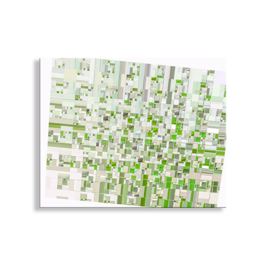 Abstract pattern of green and white squares on a white background. Abstract Wall Art Print on Framed Canvas in Pastel Green as Unique Wall Decor