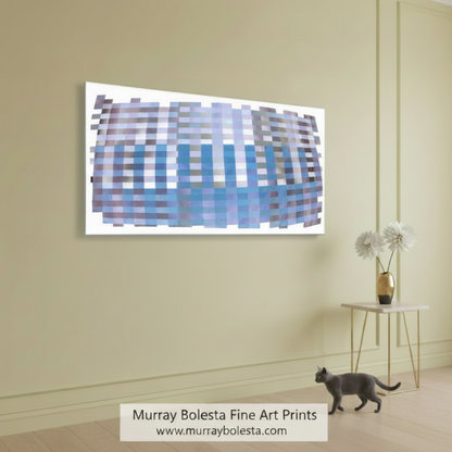 Abstract art piece with horizontal stripes in blue, purple, and gray on a white background. Abstract Canvas Print | Geometric Wall Art for Modern Interiors by Murray Bolesta