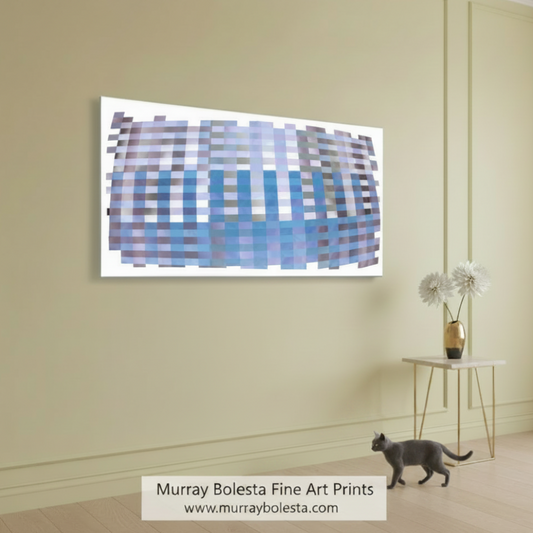 Abstract art piece with horizontal stripes in blue, purple, and gray on a white background. Abstract Canvas Print | Geometric Wall Art for Modern Interiors by Murray Bolesta